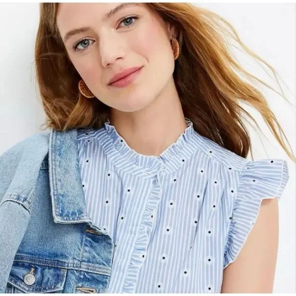 Loft Blue White Stripe Daisy Ruffle Button Front Top Women's Medium - Picture 2 of 10